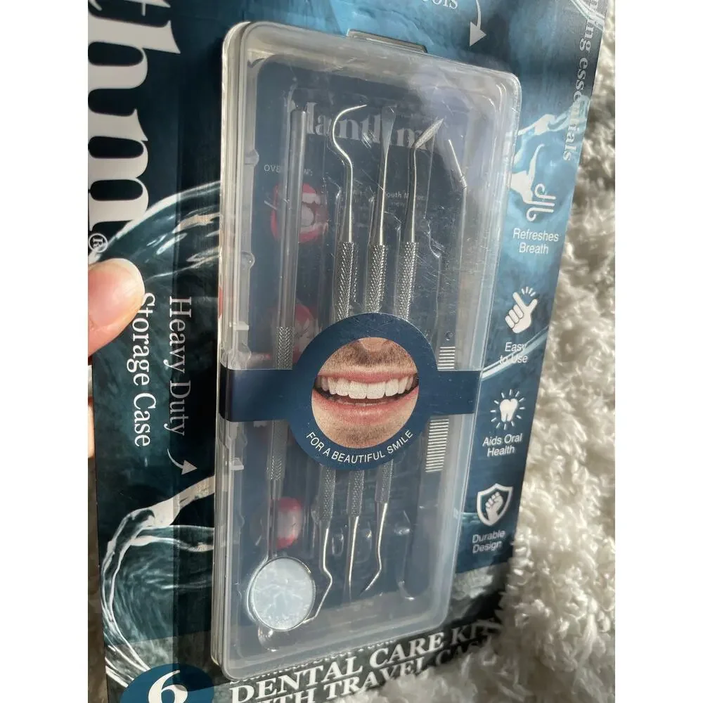 Manthm Stainless Steel Dental Tools Kit 6 Piece With Travel Case Oral Care NEW